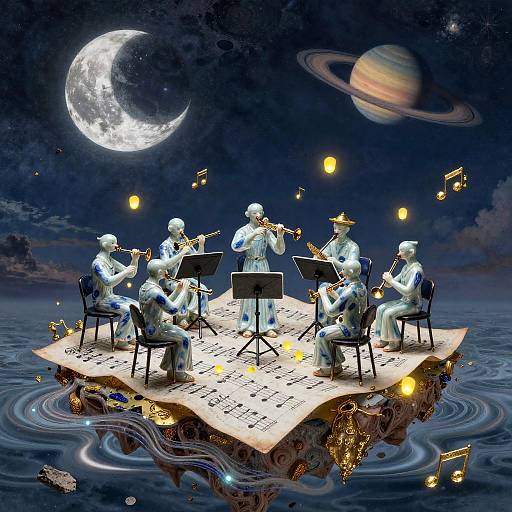 Surreal Porcelain Bird Orchestra on Floating Sheet-Music Island