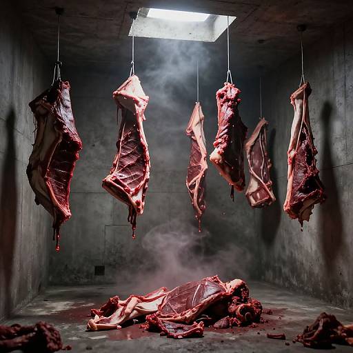 Photograph of six hanging, bloody, raw meat cuts in a dim, concrete room with a light source above, and a pile of meat on the