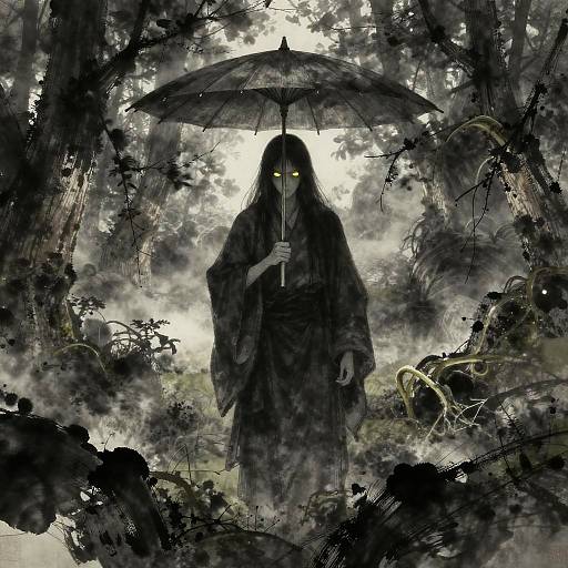 Umbrella Yokai in Misty Forest
