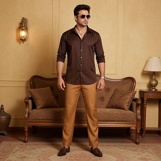 Photograph of a stylish man with dark hair, sunglasses, black button-up shirt, brown pants, and brown shoes, standing in a vintage living room
