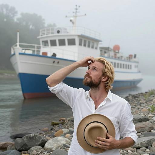 Blonde Man Gazes at Foggy Riverboat