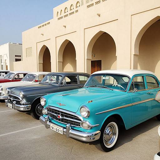 Photograph of three vintage cars, including a blue 1950s Chevrolet Bel Air, parked in front of a beige, arched building.
