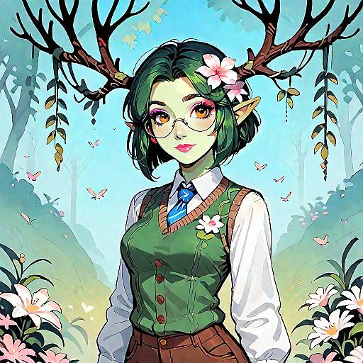 Fantasy Dryad Girl with Antlers and Glasses
