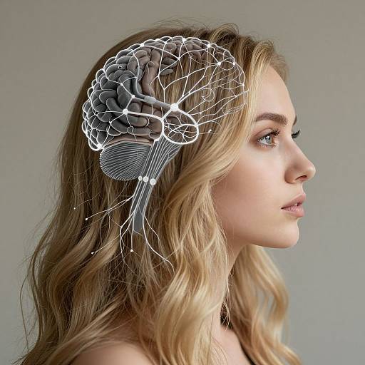 Photograph of a blonde woman in profile, wearing a white wireframe brain headpiece over her wavy hair, against a plain gray background.