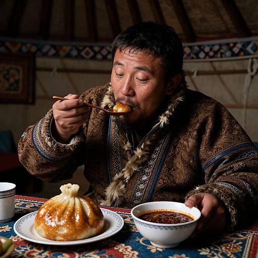 Photograph of a middle-aged Asian man with short black hair, wearing a brown patterned robe, eating from a spoon while seated at a table with