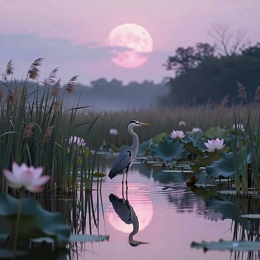 Photograph of a serene sunrise over a reflective pond, featuring a tall white egret standing among lotus flowers and reeds, with the pink sun partially