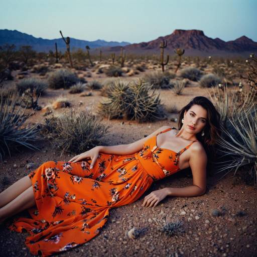 Glamorous Woman in Orange Sundress Desert