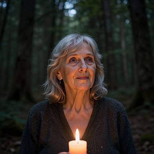 Photograph of an elderly woman with silver hair, wearing a black sweater, holding a lit candle, in a dimly lit forest.