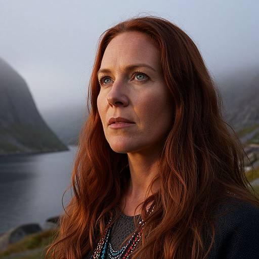 Photograph of a serious-looking woman with long, wavy red hair, wearing a dark top, standing outdoors by a misty, mountainous lake