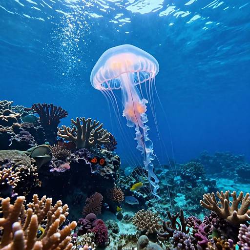 Photograph of a glowing jellyfish floating above a vibrant coral reef, with diverse corals and fish, in a clear blue ocean.