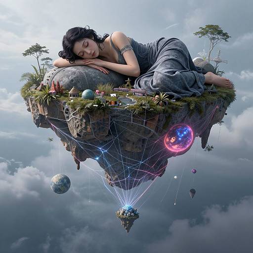 Digital art of a sleeping woman in a grey dress on a floating rock island, surrounded by trees, planets, and glowing orbs.