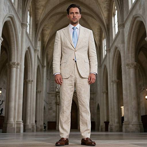 Photograph of a handsome man in a white suit, blue shirt, and brown shoes, standing confidently in a grand, arched cathedral.