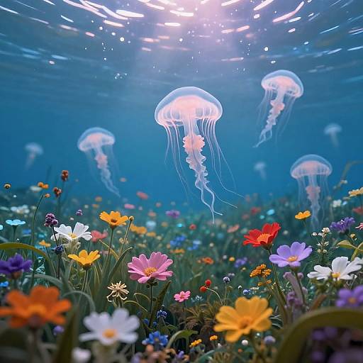 Photograph of vibrant underwater scene: glowing jellyfish float above colorful, diverse sea flowers with bright orange, pink, yellow, blue, and white petals