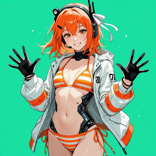 Anime Girl in Striped Bikini and Jacket