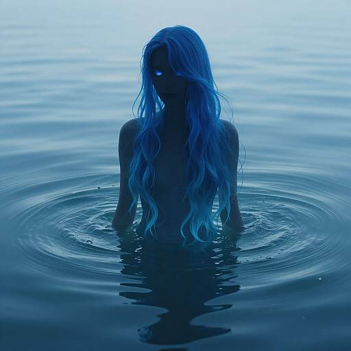 Silhouetted, topless woman with long, wet, blue-tinted hair standing in calm, dark blue water, glowing eyes, r