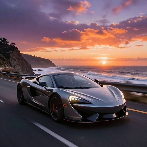Photograph of a sleek, silver, low-slung sports car speeding along a coastal road at sunset, with vibrant orange and purple sky, waves crashing