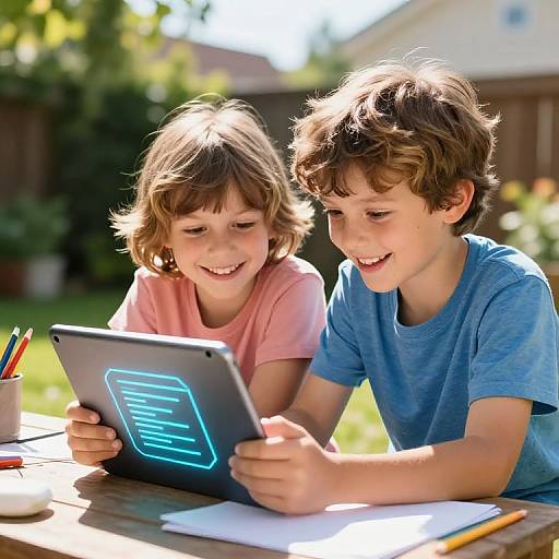 Photograph of two smiling, brown-haired boys in pink and blue shirts, using a glowing tablet outdoors on a sunny day.
