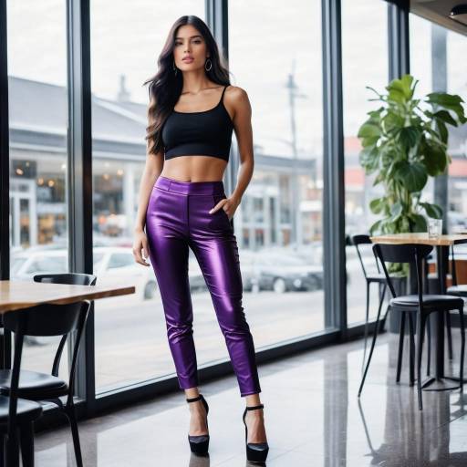 Fashionable woman in purple pants indoors