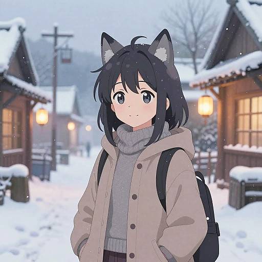 Anime-style digital drawing of a cute, black-haired girl with cat ears, wearing a beige jacket and gray turtleneck, standing in a snowy village