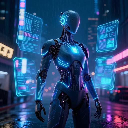 Neon-lit cybernetic humanoid standing in rainy city street, glowing blue holographic interfaces floating around, futuristic urban nighttime scene.