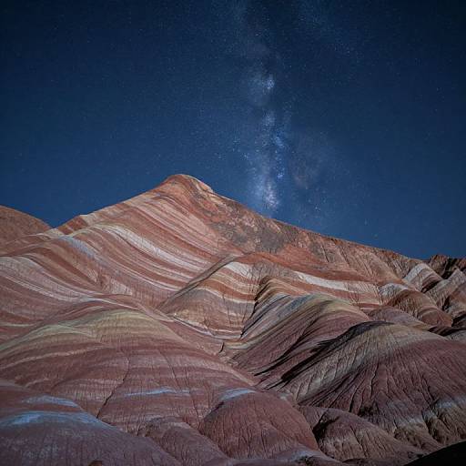 Photograph of a desert mountain at night, featuring layered, striped red and white sandstone with the Milky Way galaxy visible in a deep blue sky.