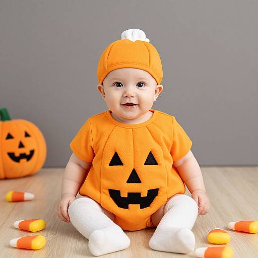 Photograph of a smiling baby in an orange pumpkin onesie, matching hat with white pom-pom, white leggings, and candy-filled wooden floor,