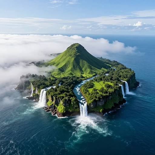 Aerial photograph of a lush green island with a central mountain, surrounded by cascading waterfalls into a deep blue ocean, with fluffy white clouds above