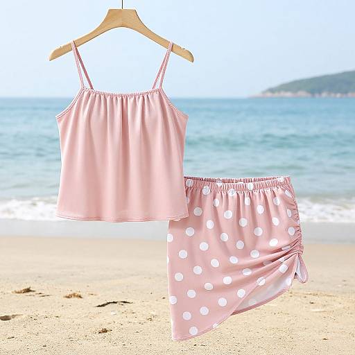 Photograph of a pink, polka-dotted, two-piece summer outfit with spaghetti straps and gathered waist, hanging on a wooden hanger against a