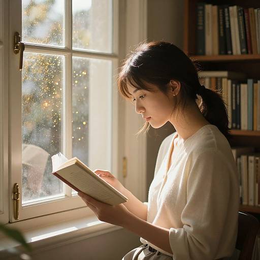Photograph of a young Asian woman with long brown hair in a ponytail, wearing a white sweater, reading a book by sunlight streaming through a window