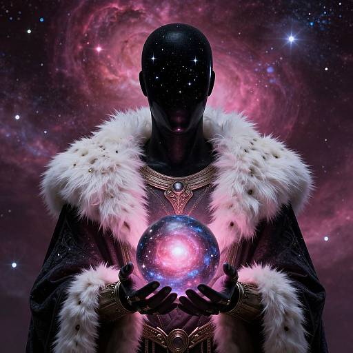 Silhouetted figure in fur-trimmed cloak holds glowing cosmic sphere against starry, pink nebula backdrop; ethereal, mystical, digital