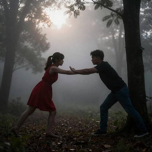 Silhouetted Struggle in Misty Forest