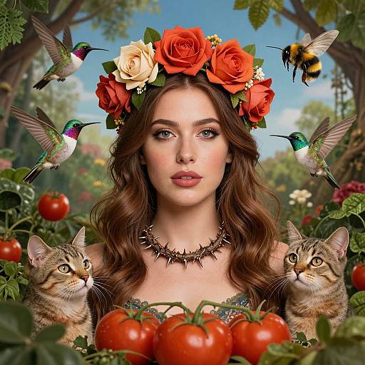 Photorealistic digital art of a fair-skinned woman with long brown hair, wearing a red and white rose crown, surrounded by hummingbirds, cats