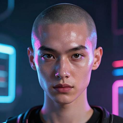 Close-up photograph of a young, bald, androgynous person with glossy skin, illuminated by neon blue and pink lights, wearing a black shirt