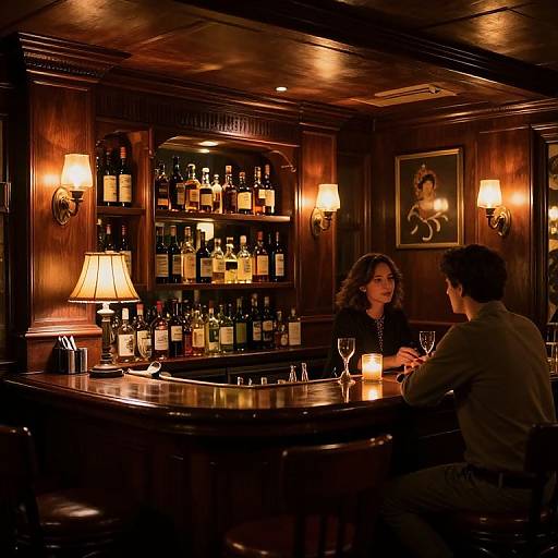Photograph of a dimly lit, wooden bar with a woman and man sitting at the counter, surrounded by liquor bottles, lit lamps, and a