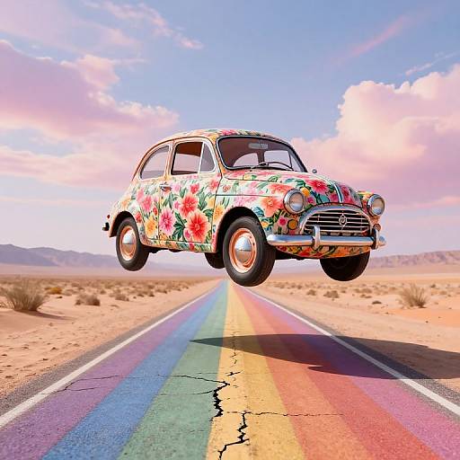 Whimsical Vintage Car on Rainbow Road