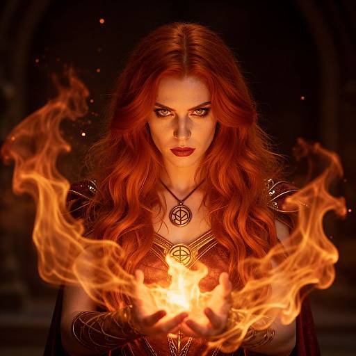 Photorealistic digital artwork of a fiery-eyed, red-haired woman with long wavy hair, dark lipstick, and a pentagram necklace, conjuring
