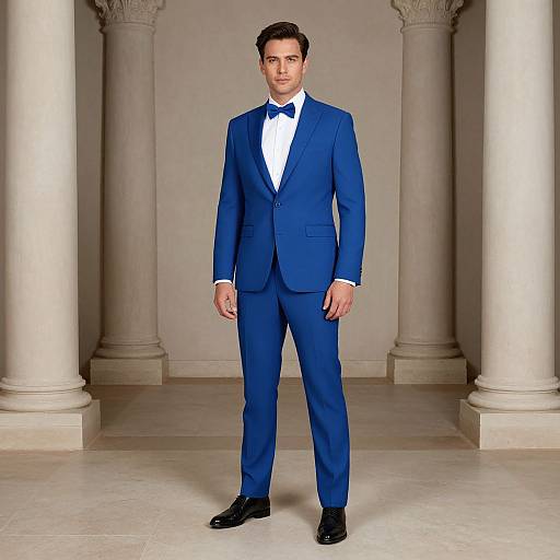 Photograph of a young man with short dark hair, wearing a blue suit, white dress shirt, blue bow tie, and black dress shoes, standing