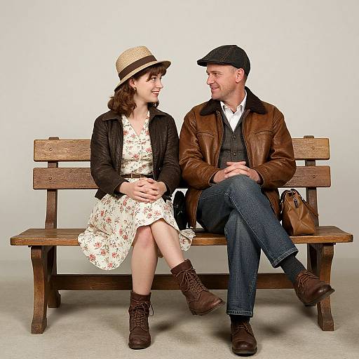 Photograph of a couple sitting on a wooden bench, woman in floral dress and straw hat, man in brown jacket and cap.