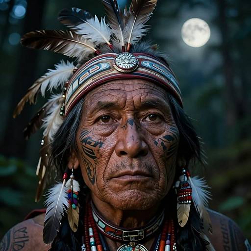 Photograph of an elderly Native American man with deep wrinkles, tribal face paint, and a feathered headband, wearing colorful bead earrings, against a