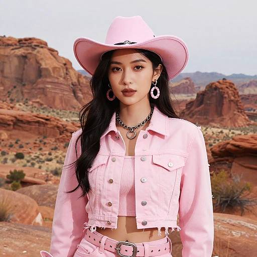 Photograph of an Asian woman with long black hair, wearing a pink cowboy hat, jacket, and jeans, standing in a red rock desert landscape,