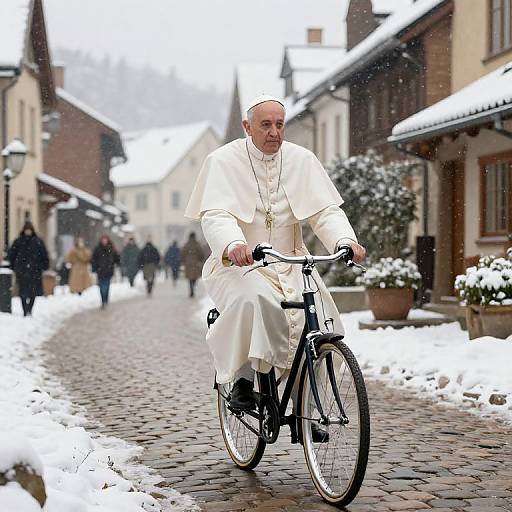 Photograph of Pope Francis in white papal robes and skullcap riding a black bicycle down a snowy, cobblestone street in a European village.