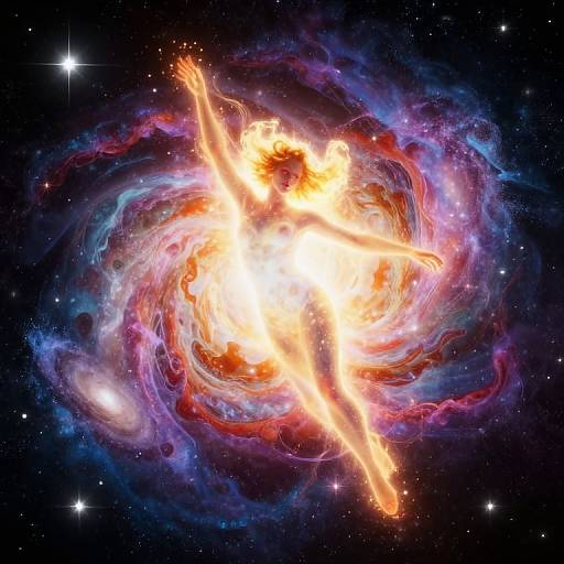 Photograph of a vibrant, swirling galaxy with a bright, fiery core, surrounded by colorful nebulae and stars in a deep, starry space