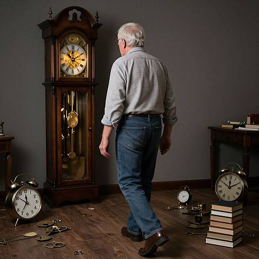 Photograph of an elderly man with white hair, wearing a checkered shirt and jeans, walking past a wooden grandfather clock, surrounded by multiple clocks,