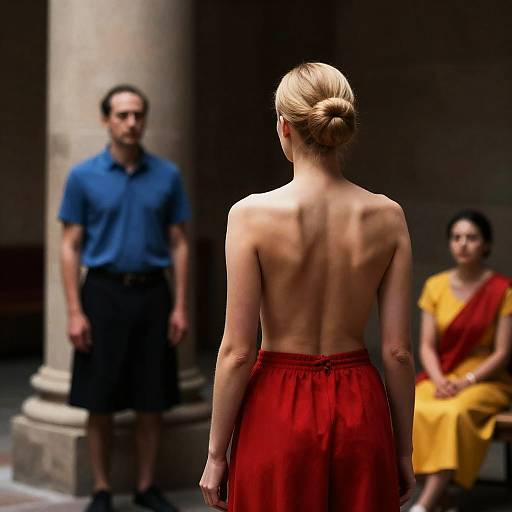 Back View of Nude Woman with Red Fabric in Indoor Setting