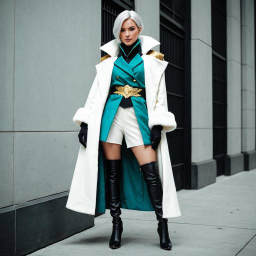 Fashionable Woman in Lavish White Coat and Teal Wrap
