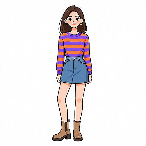 Cartoon-style drawing of a smiling young woman with dark brown hair, wearing a purple and orange striped sweater, blue high-waisted skirt, and