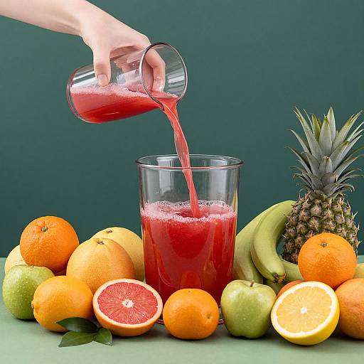 Photograph of a hand pouring red juice from a glass pitcher into a clear glass, surrounded by oranges, grapefruits, bananas, apples, pineapple