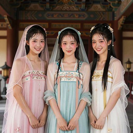 Photograph of three Asian girls in pastel-colored, floral-embroidered, sheer dresses with veils, smiling, standing in ornate traditional