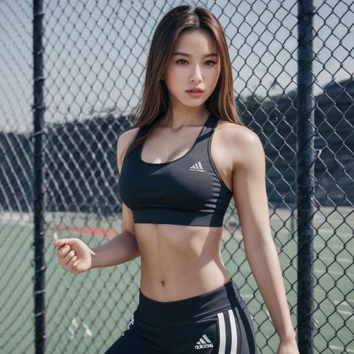 Asian Woman in Adidas Sportswear by Chain-Link Fence