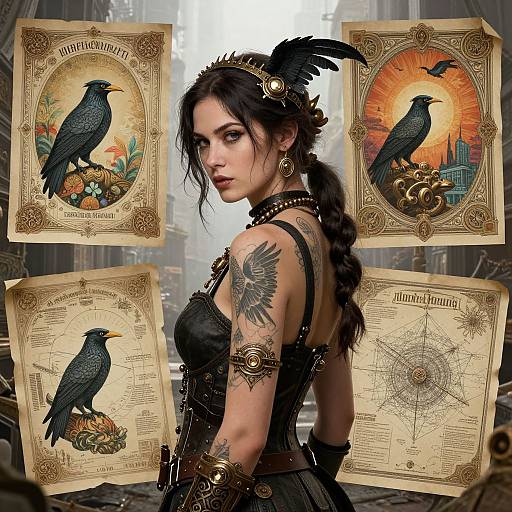 Steampunk Woman with Crow Tattoos